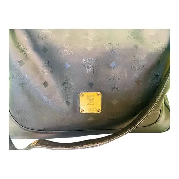 Vintage MCM Womens Goldware Logo Black Leather Shoulder Hobo Purse Bag